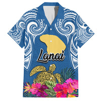 Custom Hawaii Lanai Island Family Matching Off Shoulder Short Dress and Hawaiian Shirt Hibiscus Turle and Map with Polynesian Spiral LT03 Dad's Shirt - Short Sleeve Blue - Polynesian Pride