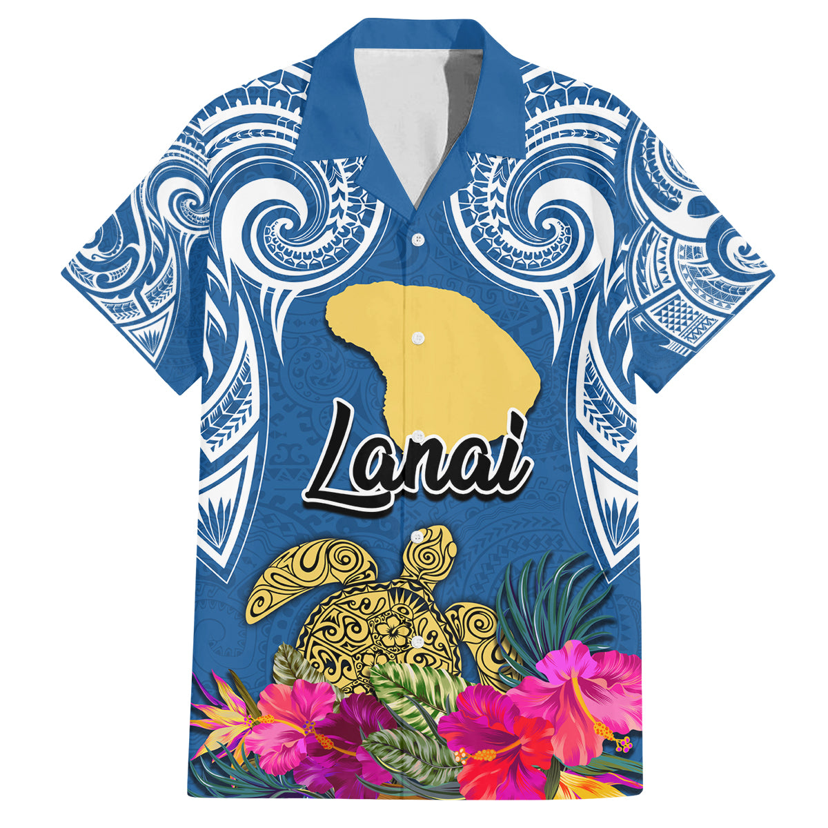 Custom Hawaii Lanai Island Family Matching Puletasi Dress and Hawaiian Shirt Hibiscus Turle and Map with Polynesian Spiral LT03 Dad's Shirt - Short Sleeve Blue - Polynesian Pride