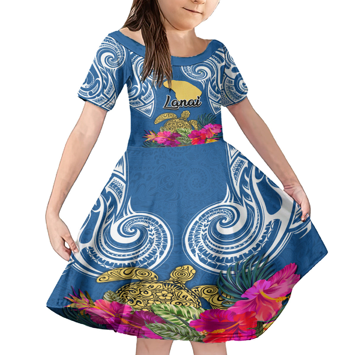 Custom Hawaii Lanai Island Kid Short Sleeve Dress Hibiscus Turle and Map with Polynesian Spiral LT03 KID Blue - Polynesian Pride
