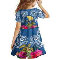 Custom Hawaii Lanai Island Kid Short Sleeve Dress Hibiscus Turle and Map with Polynesian Spiral LT03 - Polynesian Pride