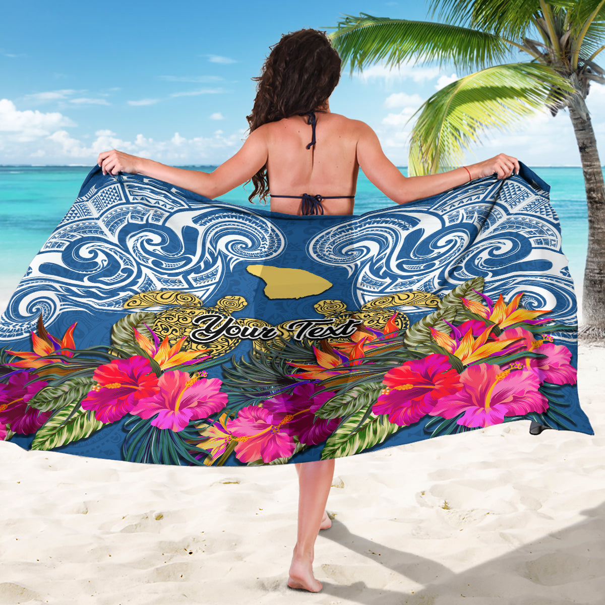 Custom Hawaii Lanai Island Sarong Hibiscus Turle and Map with Polynesian Spiral LT03 - Polynesian Pride