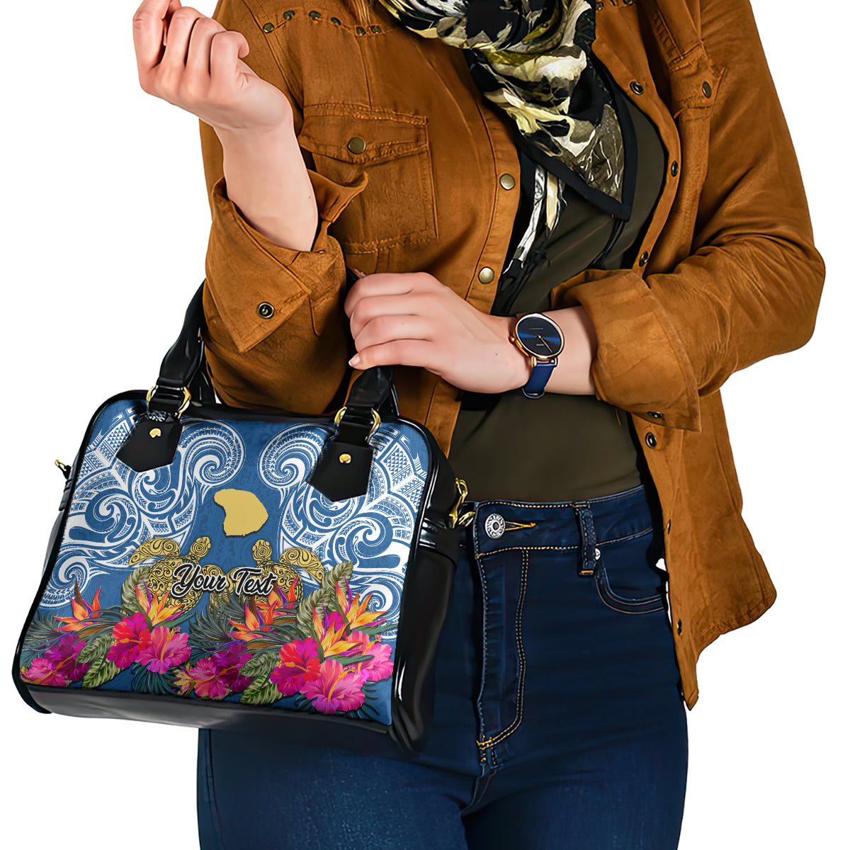 Custom Hawaii Lanai Island Shoulder Handbag Hibiscus Turle and Map with Polynesian Spiral LT03 - Polynesian Pride