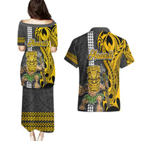 Hawaii Lanai Island Couples Matching Puletasi Dress and Hawaiian Shirt Hawaiian Warrior and Kakau Symbols Abstract Tattoo LT03 - Polynesian Pride