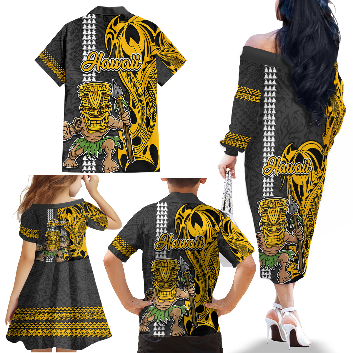 Hawaii Lanai Island Family Matching Off Shoulder Long Sleeve Dress and Hawaiian Shirt Hawaiian Warrior and Kakau Symbols Abstract Tattoo LT03 - Polynesian Pride