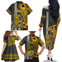 Hawaii Lanai Island Family Matching Off Shoulder Long Sleeve Dress and Hawaiian Shirt Hawaiian Warrior and Kakau Symbols Abstract Tattoo LT03 - Polynesian Pride
