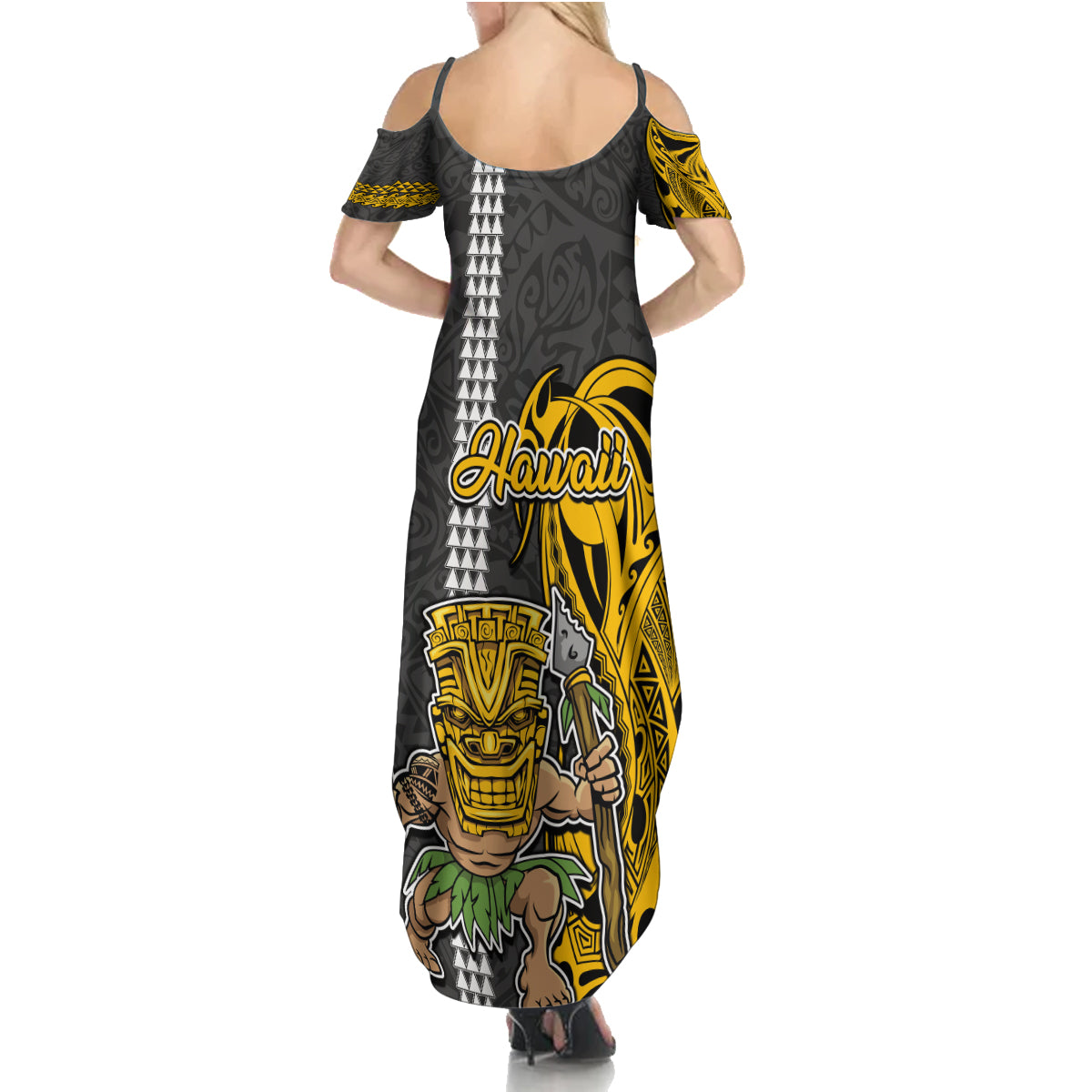 Hawaii Lanai Island Family Matching Summer Maxi Dress and Hawaiian Shirt Hawaiian Warrior and Kakau Symbols Abstract Tattoo LT03 - Polynesian Pride