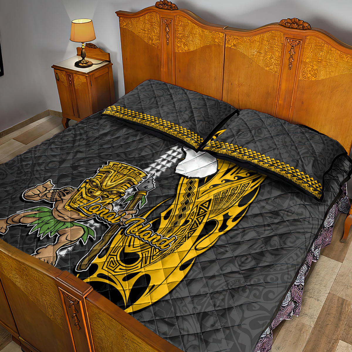 Hawaii Lanai Island Quilt Bed Set Hawaiian Warrior and Kakau Symbols Abstract Tattoo LT03 - Polynesian Pride