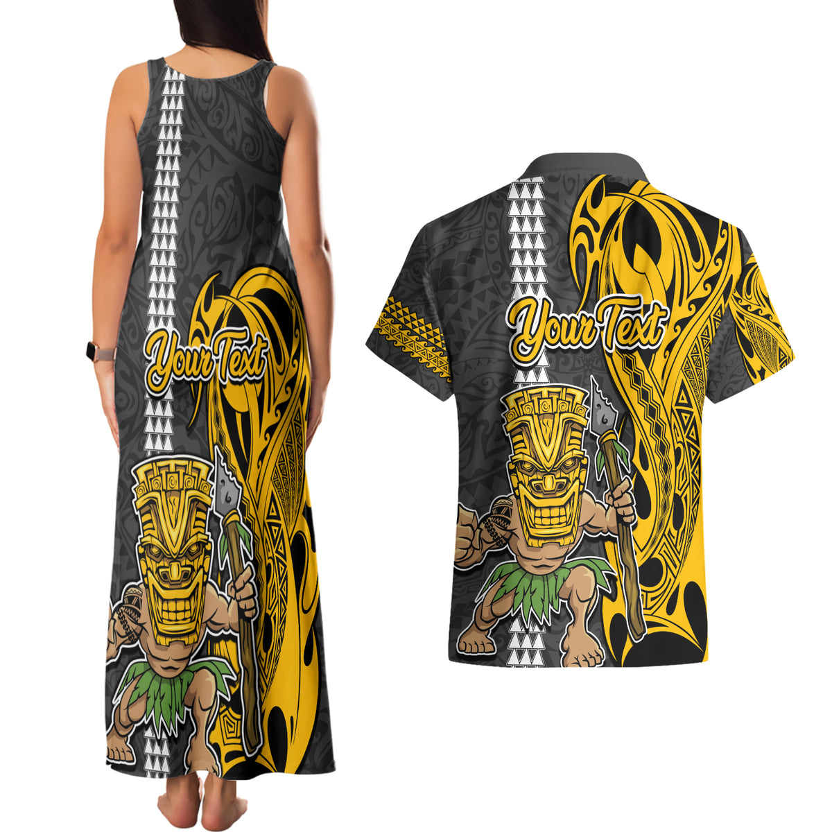 Custom Hawaii Lanai Island Couples Matching Tank Maxi Dress and Hawaiian Shirt Hawaiian Warrior and Kakau Symbols Abstract Tattoo LT03 - Polynesian Pride