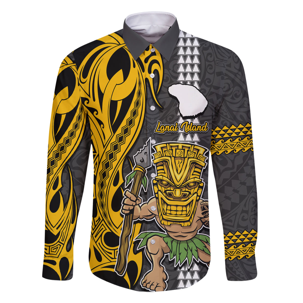Custom Hawaii Lanai Island Family Matching Summer Maxi Dress and Hawaiian Shirt Hawaiian Warrior and Kakau Symbols Abstract Tattoo LT03 Dad's Shirt - Long Sleeve Yellow - Polynesian Pride