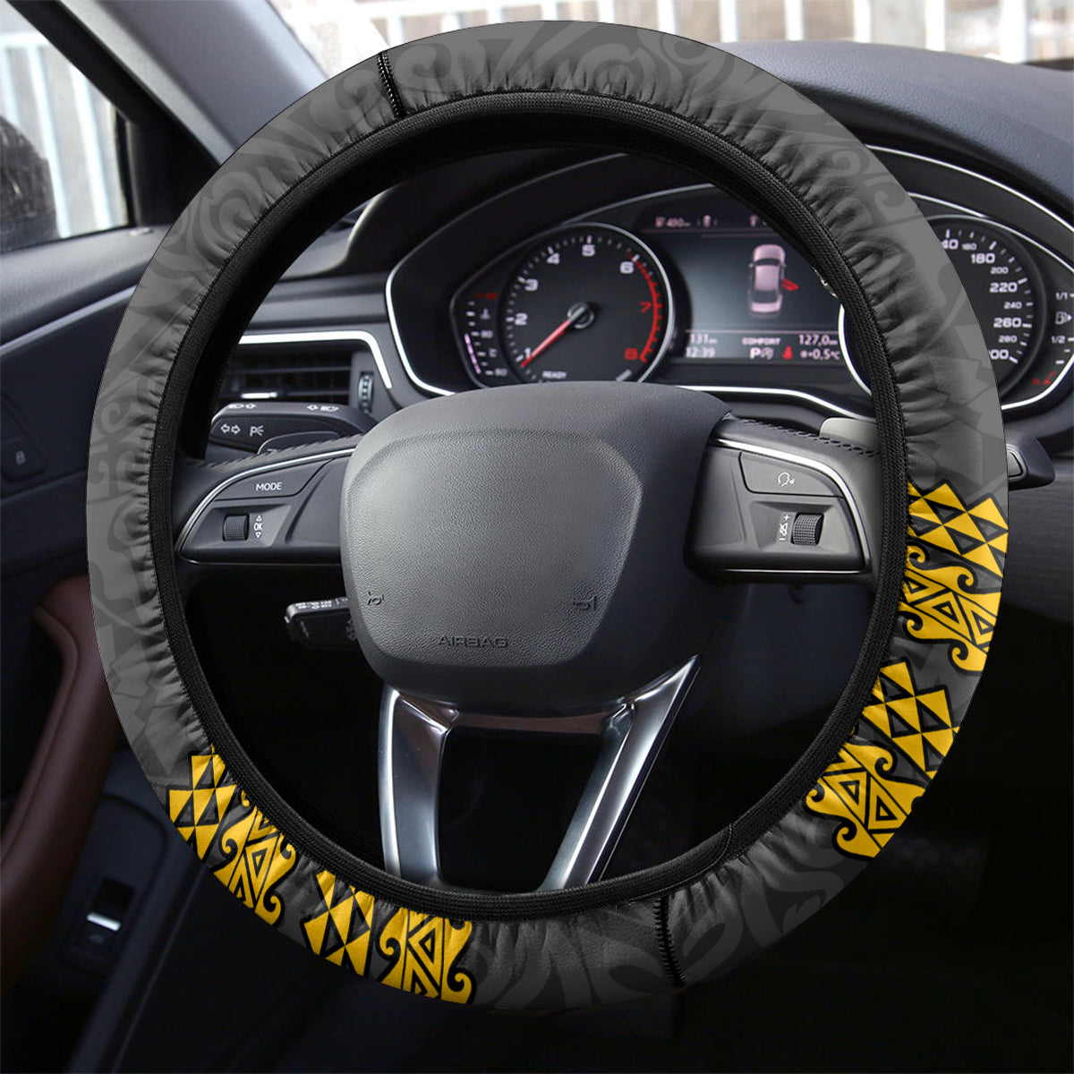 Hawaii Lanai Island Steering Wheel Cover Hawaiian Warrior and Kakau Symbols Abstract Tattoo LT03 - Polynesian Pride