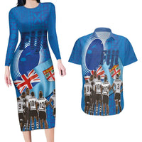 Fiji Rugby Sevens Couples Matching Long Sleeve Bodycon Dress and Hawaiian Shirt Commemorate Gold Medal - Rio de Janeiro 2016 LT03 Blue - Polynesian Pride
