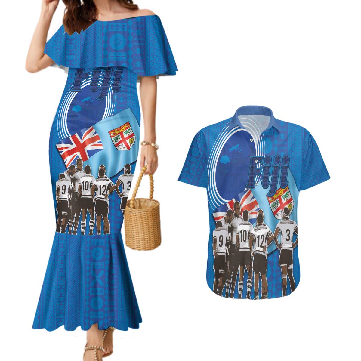 Fiji Rugby Sevens Couples Matching Mermaid Dress and Hawaiian Shirt Commemorate Gold Medal - Rio de Janeiro 2016 LT03 Blue - Polynesian Pride