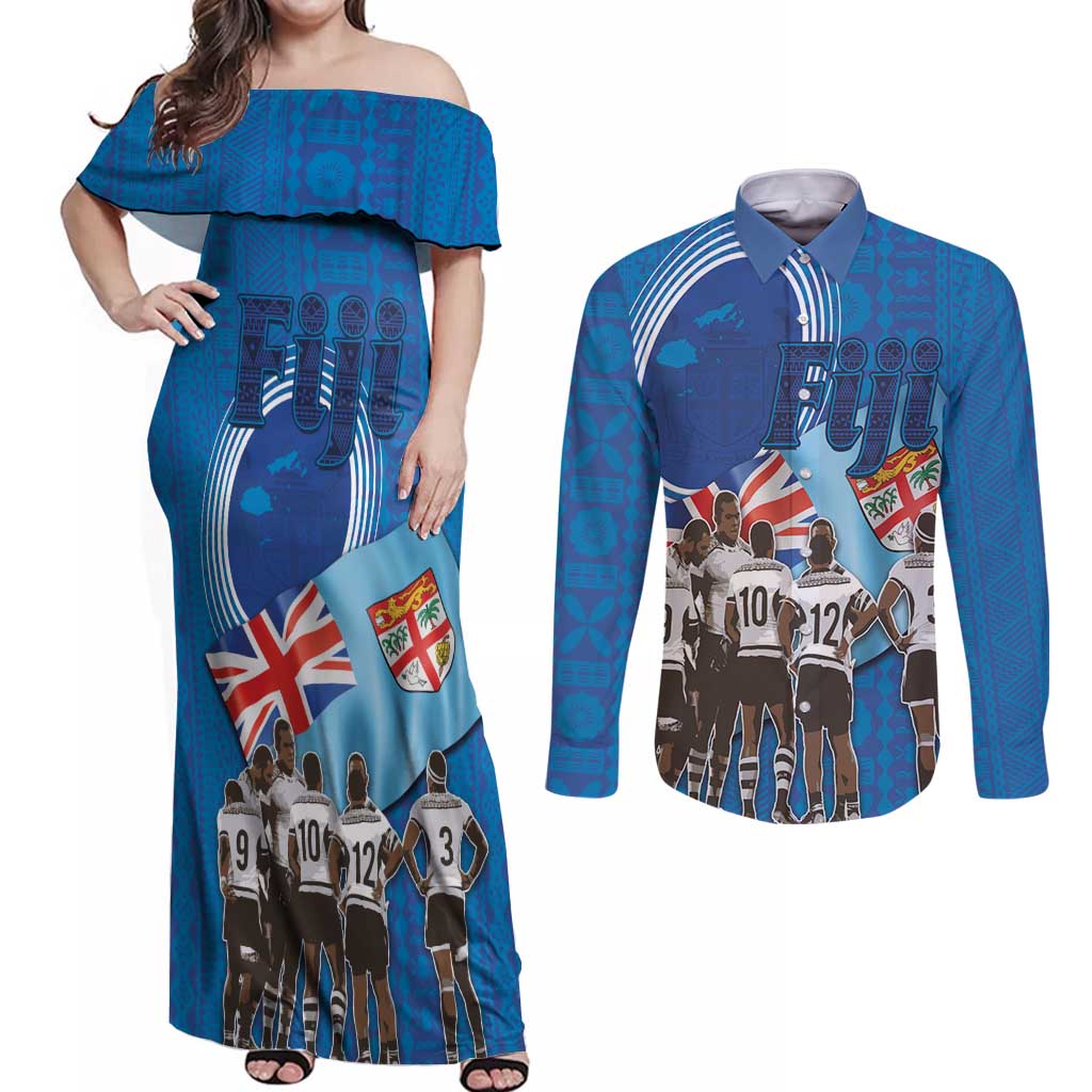 Fiji Rugby Sevens Couples Matching Off Shoulder Maxi Dress and Long Sleeve Button Shirt Commemorate Gold Medal - Rio de Janeiro 2016 LT03 Blue - Polynesian Pride