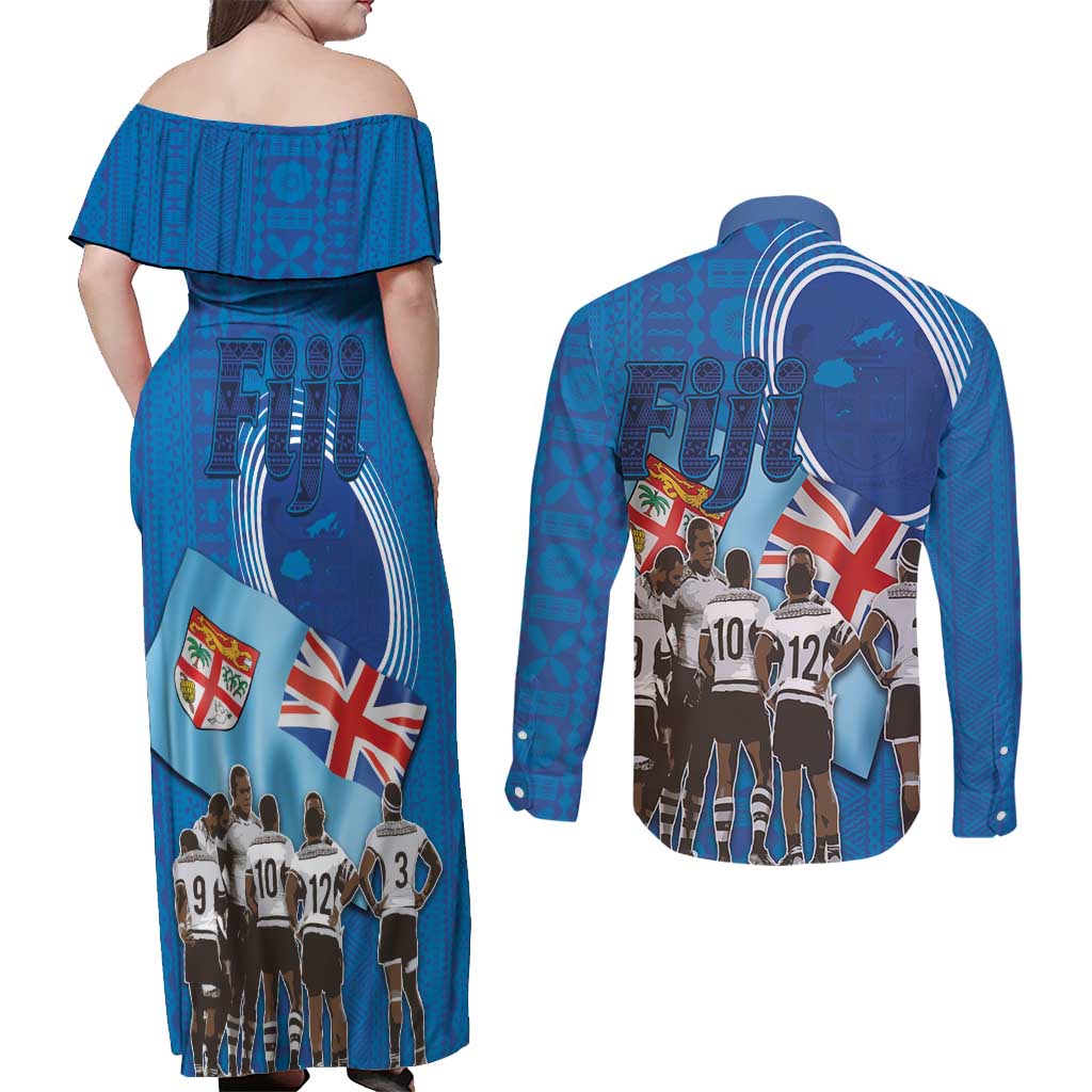 Fiji Rugby Sevens Couples Matching Off Shoulder Maxi Dress and Long Sleeve Button Shirt Commemorate Gold Medal - Rio de Janeiro 2016 LT03 - Polynesian Pride