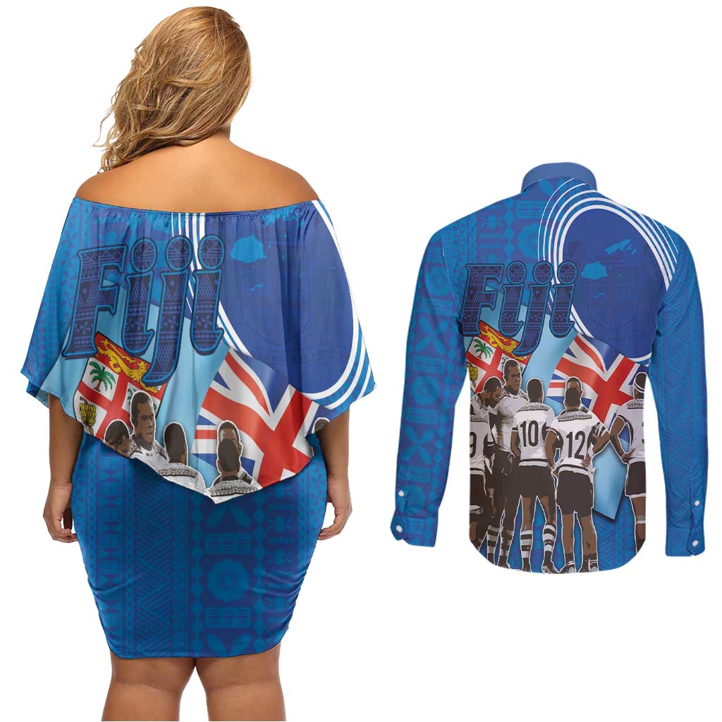 Fiji Rugby Sevens Couples Matching Off Shoulder Short Dress and Long Sleeve Button Shirt Commemorate Gold Medal - Rio de Janeiro 2016 LT03 - Polynesian Pride