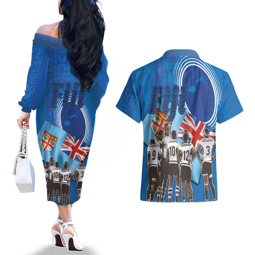 Fiji Rugby Sevens Couples Matching Off The Shoulder Long Sleeve Dress and Hawaiian Shirt Commemorate Gold Medal - Rio de Janeiro 2016 LT03 - Polynesian Pride
