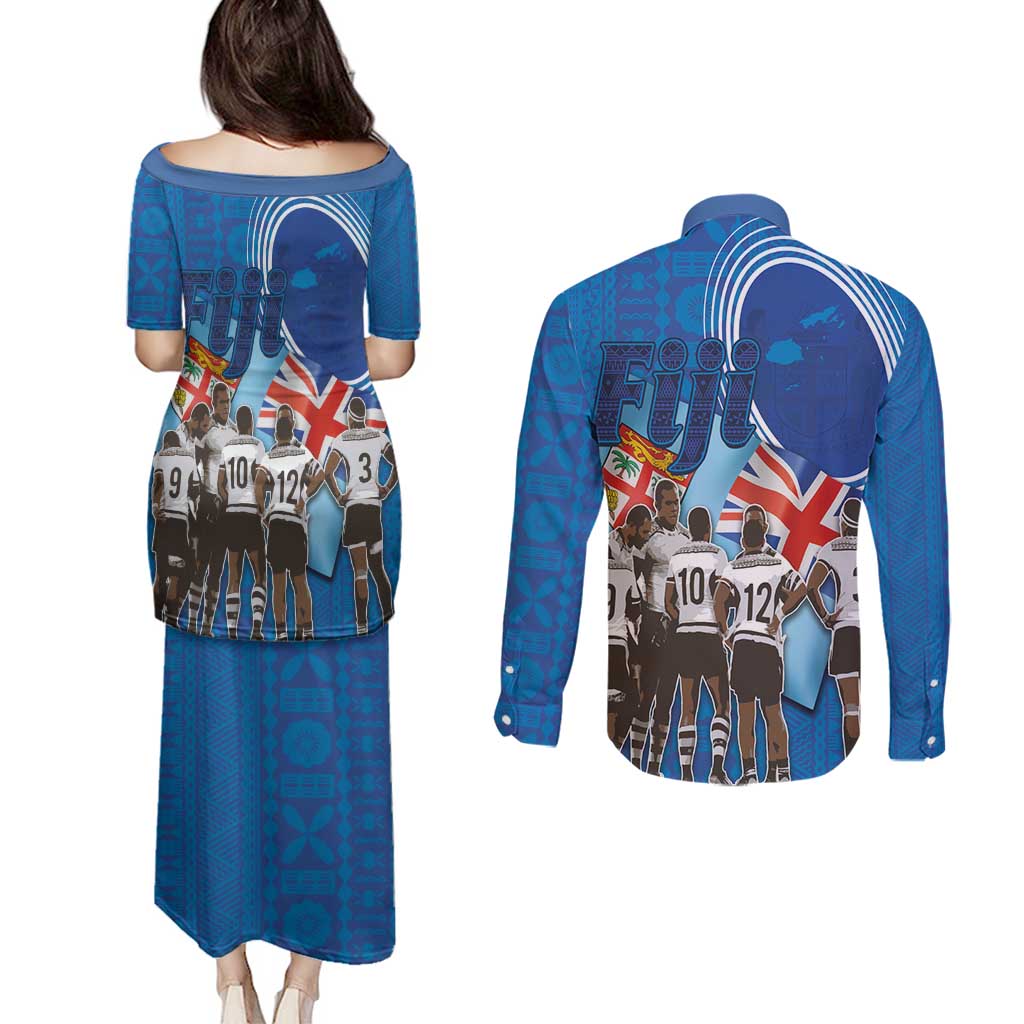 Fiji Rugby Sevens Couples Matching Puletasi and Long Sleeve Button Shirt Commemorate Gold Medal - Rio de Janeiro 2016 LT03 - Polynesian Pride