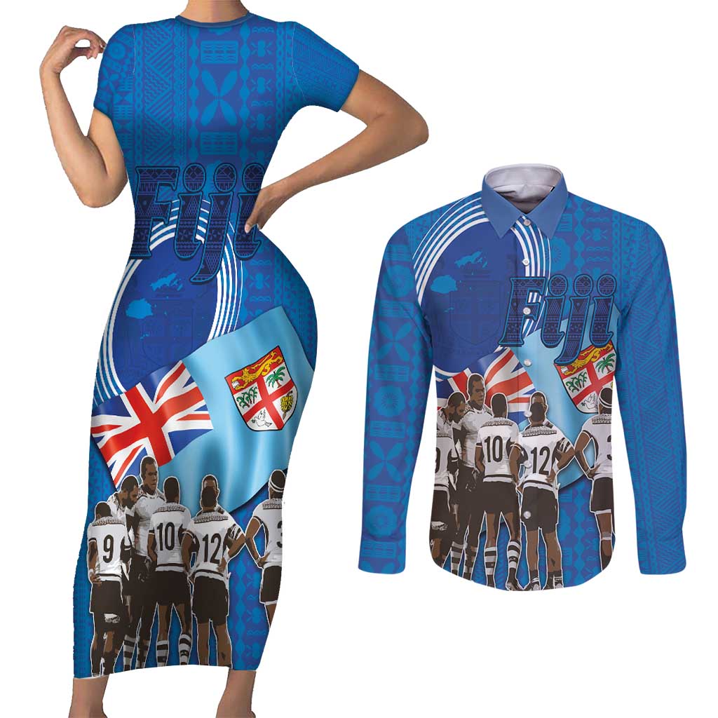 Fiji Rugby Sevens Couples Matching Short Sleeve Bodycon Dress and Long Sleeve Button Shirt Commemorate Gold Medal - Rio de Janeiro 2016 LT03 Blue - Polynesian Pride