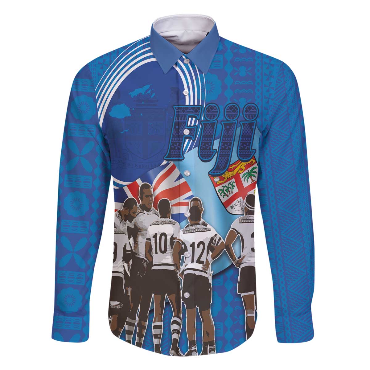 Fiji Rugby Sevens Family Matching Off The Shoulder Long Sleeve Dress and Hawaiian Shirt Commemorate Gold Medal - Rio de Janeiro 2016 LT03 Dad's Shirt - Long Sleeve Blue - Polynesian Pride