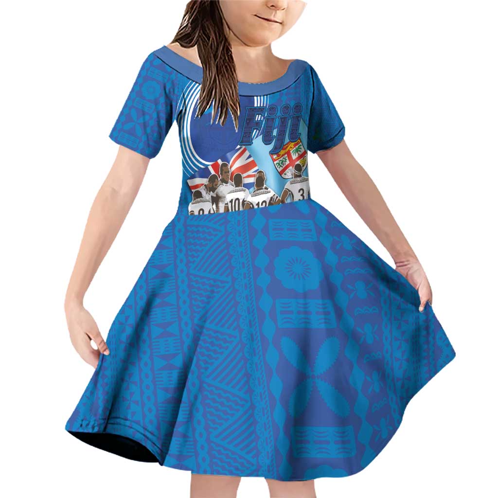 Fiji Rugby Sevens Family Matching Off Shoulder Short Dress and Hawaiian Shirt Commemorate Gold Medal - Rio de Janeiro 2016 LT03 Daughter's Dress Blue - Polynesian Pride