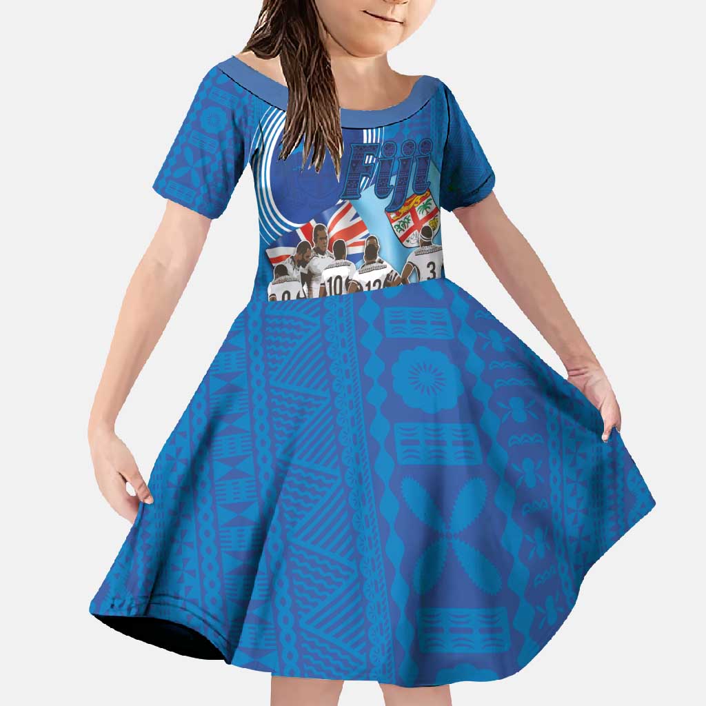 Fiji Rugby Sevens Family Matching Short Sleeve Bodycon Dress and Hawaiian Shirt Commemorate Gold Medal - Rio de Janeiro 2016 LT03 Daughter's Dress Blue - Polynesian Pride