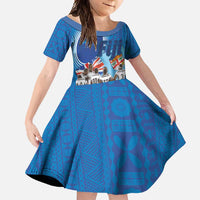 Fiji Rugby Sevens Family Matching Short Sleeve Bodycon Dress and Hawaiian Shirt Commemorate Gold Medal - Rio de Janeiro 2016 LT03 Daughter's Dress Blue - Polynesian Pride