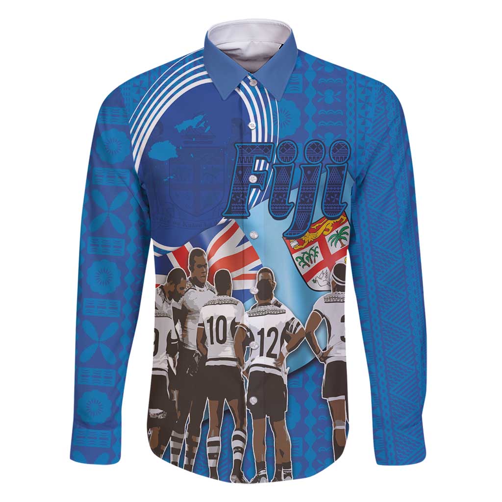 Fiji Rugby Sevens Family Matching Tank Maxi Dress and Hawaiian Shirt Commemorate Gold Medal - Rio de Janeiro 2016 LT03 Dad's Shirt - Long Sleeve Blue - Polynesian Pride