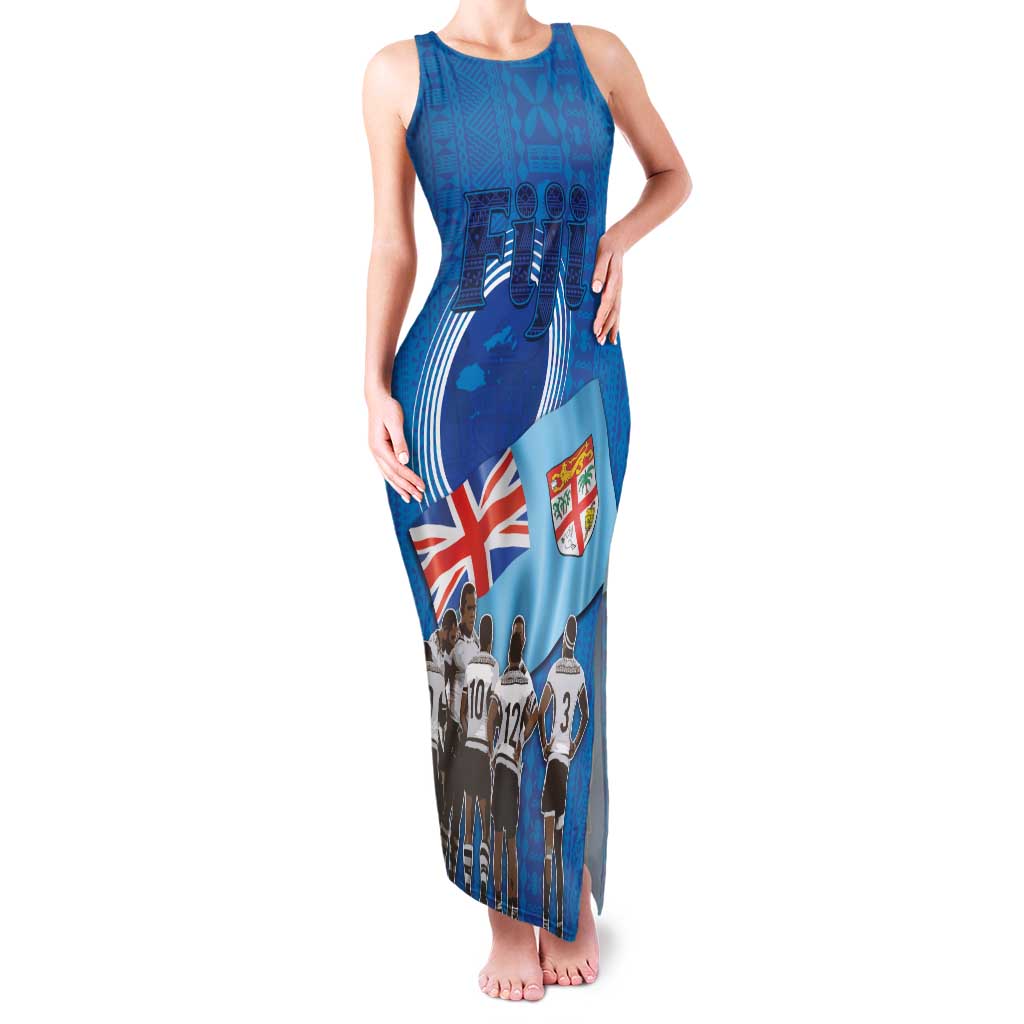 Fiji Rugby Sevens Family Matching Tank Maxi Dress and Hawaiian Shirt Commemorate Gold Medal - Rio de Janeiro 2016 LT03 Mom's Dress Blue - Polynesian Pride