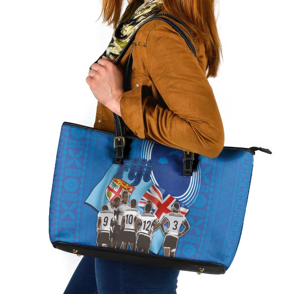 Fiji Rugby Sevens Leather Tote Bag Commemorate Gold Medal - Rio de Janeiro 2016 LT03 Blue - Polynesian Pride