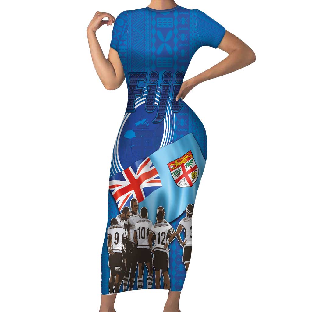 Fiji Rugby Sevens Short Sleeve Bodycon Dress Commemorate Gold Medal - Rio de Janeiro 2016 LT03 Long Dress Blue - Polynesian Pride