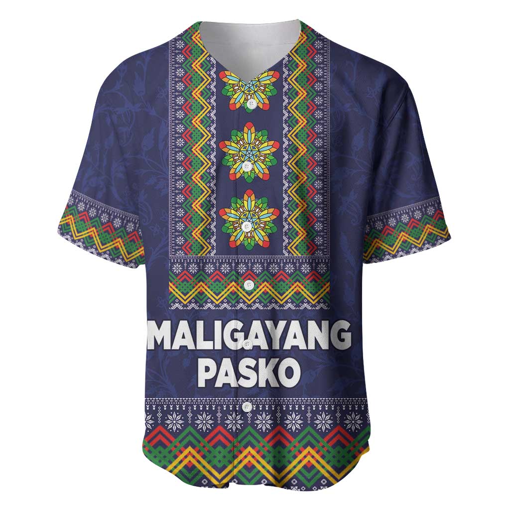 Philippines Merry Christmas Baseball Jersey Maligayang Pasko with Parol and Xmas Pattern Barong Style LT03 Blue - Polynesian Pride