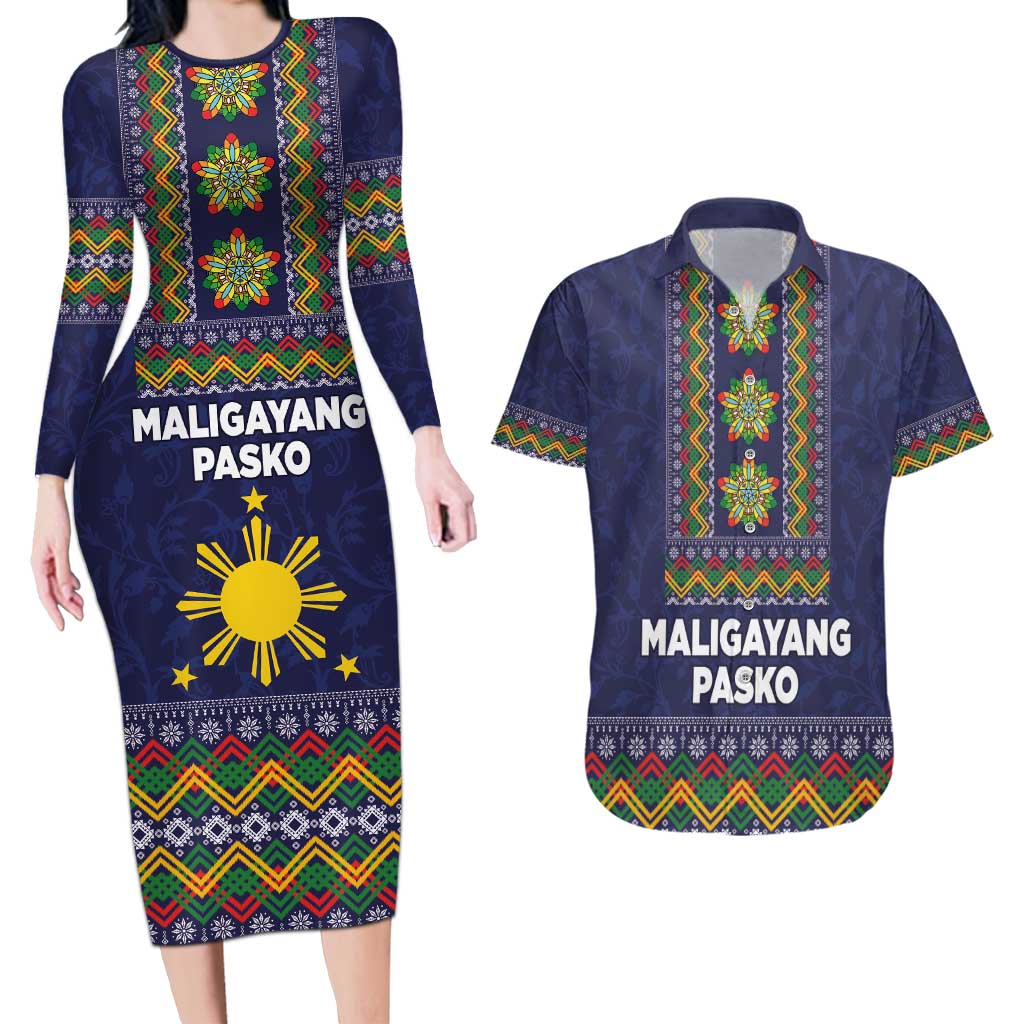 Philippines Merry Christmas Couples Matching Long Sleeve Bodycon Dress and Hawaiian Shirt Maligayang Pasko with Parol and Xmas Pattern Barong Style LT03 Blue - Polynesian Pride