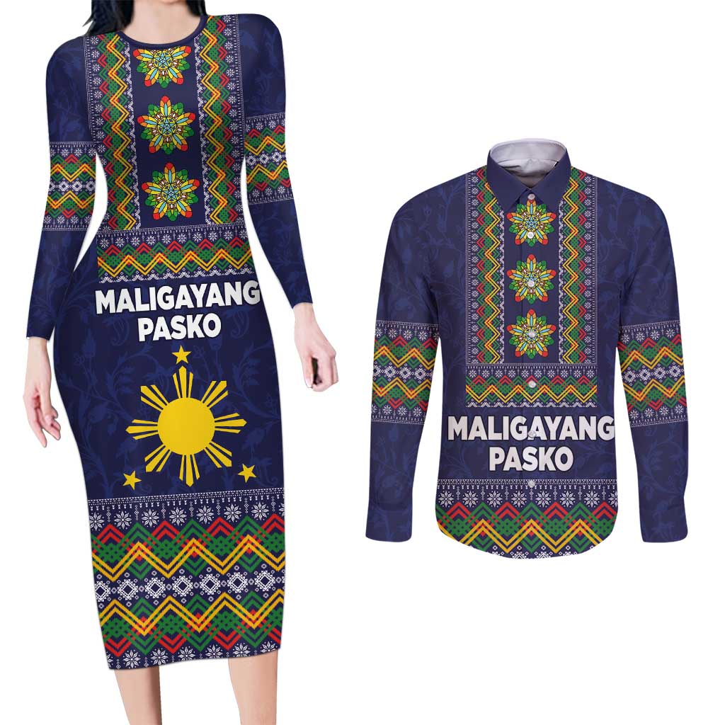 Philippines Merry Christmas Couples Matching Long Sleeve Bodycon Dress and Long Sleeve Button Shirt Maligayang Pasko with Parol and Xmas Pattern Barong Style LT03 Blue - Polynesian Pride