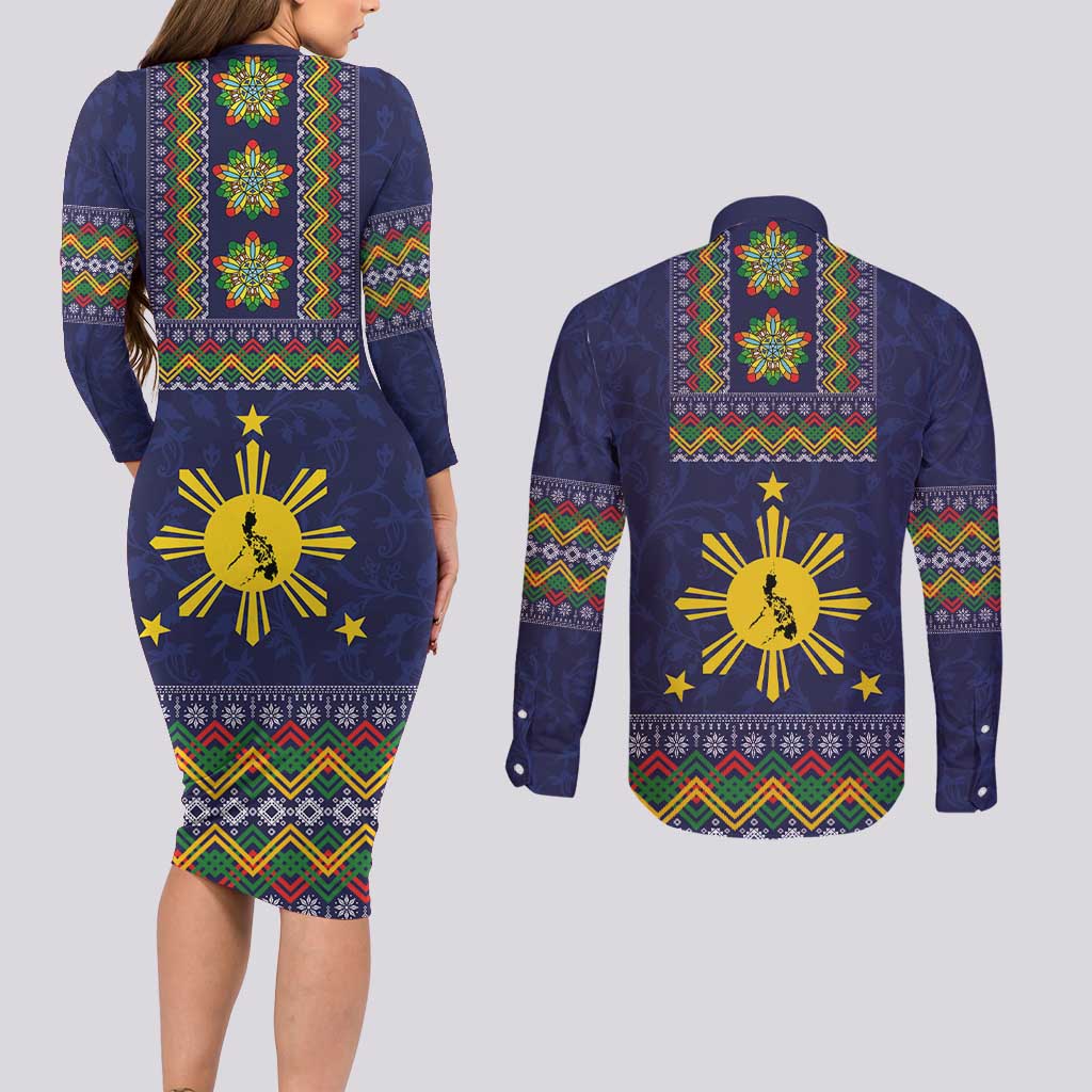 Philippines Merry Christmas Couples Matching Long Sleeve Bodycon Dress and Long Sleeve Button Shirt Maligayang Pasko with Parol and Xmas Pattern Barong Style LT03 - Polynesian Pride