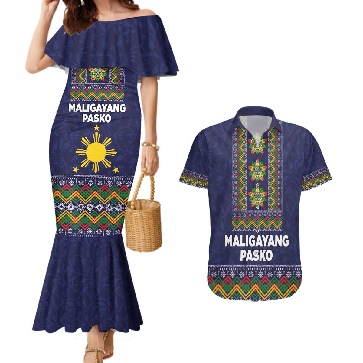 Philippines Merry Christmas Couples Matching Mermaid Dress and Hawaiian Shirt Maligayang Pasko with Parol and Xmas Pattern Barong Style LT03 Blue - Polynesian Pride