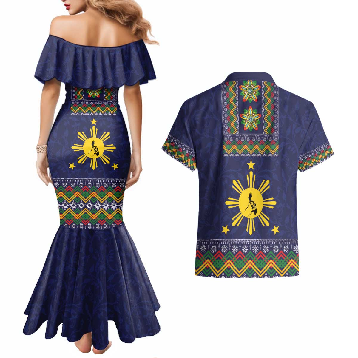 Philippines Merry Christmas Couples Matching Mermaid Dress and Hawaiian Shirt Maligayang Pasko with Parol and Xmas Pattern Barong Style LT03 - Polynesian Pride