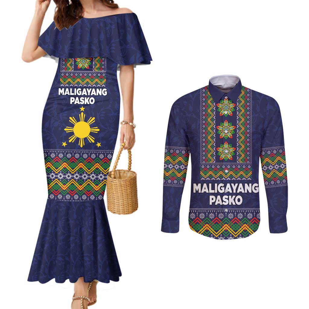 Philippines Merry Christmas Couples Matching Mermaid Dress and Long Sleeve Button Shirt Maligayang Pasko with Parol and Xmas Pattern Barong Style LT03 Blue - Polynesian Pride