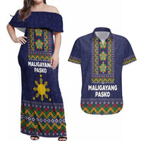 Philippines Merry Christmas Couples Matching Off Shoulder Maxi Dress and Hawaiian Shirt Maligayang Pasko with Parol and Xmas Pattern Barong Style LT03 Blue - Polynesian Pride