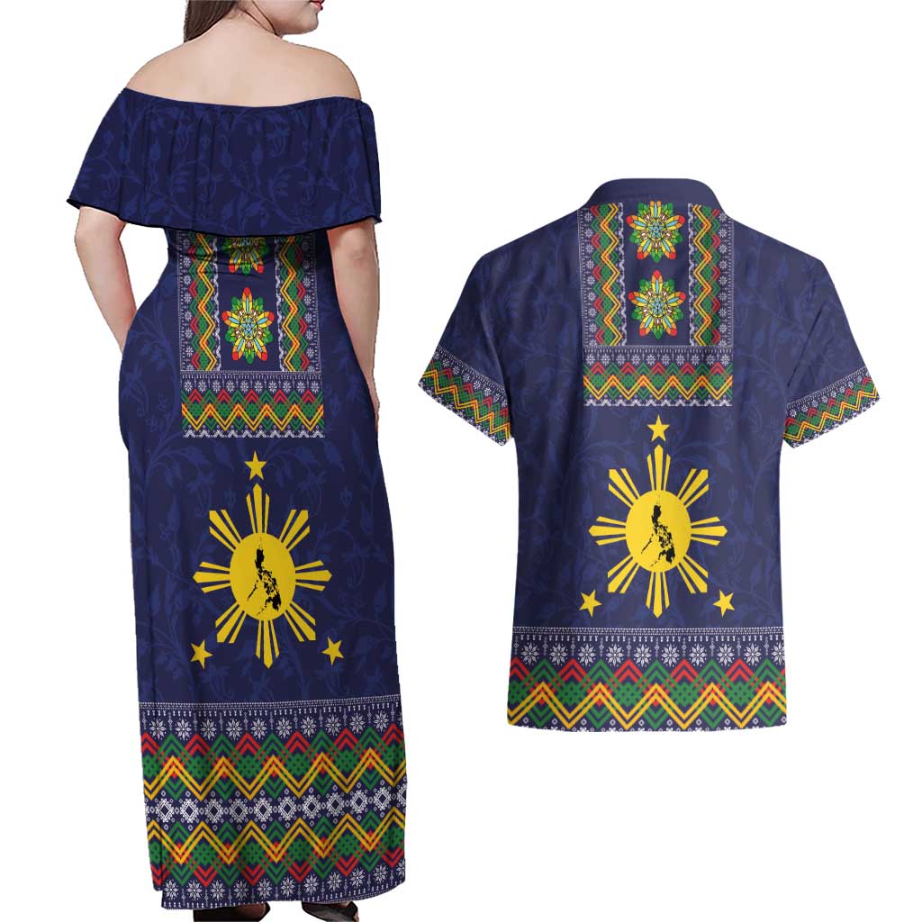 Philippines Merry Christmas Couples Matching Off Shoulder Maxi Dress and Hawaiian Shirt Maligayang Pasko with Parol and Xmas Pattern Barong Style LT03 - Polynesian Pride