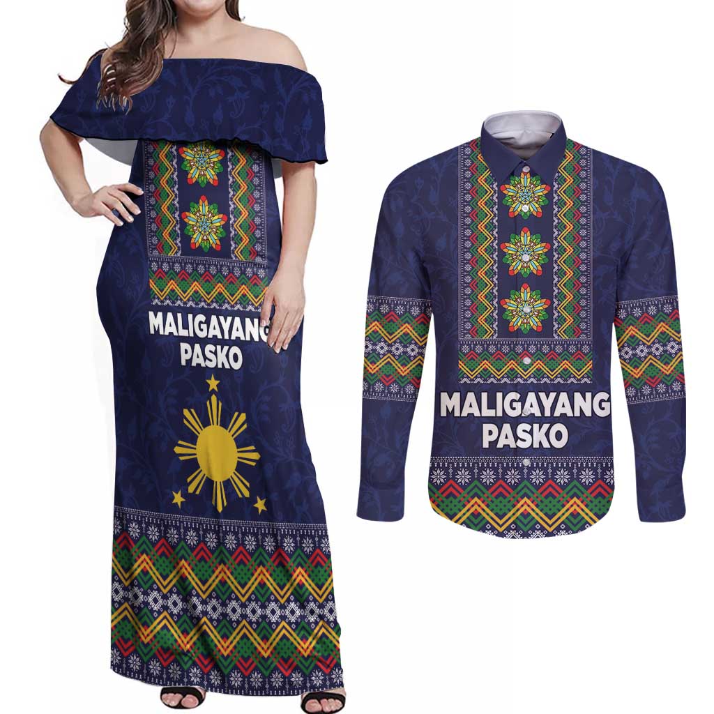 Philippines Merry Christmas Couples Matching Off Shoulder Maxi Dress and Long Sleeve Button Shirt Maligayang Pasko with Parol and Xmas Pattern Barong Style LT03 Blue - Polynesian Pride