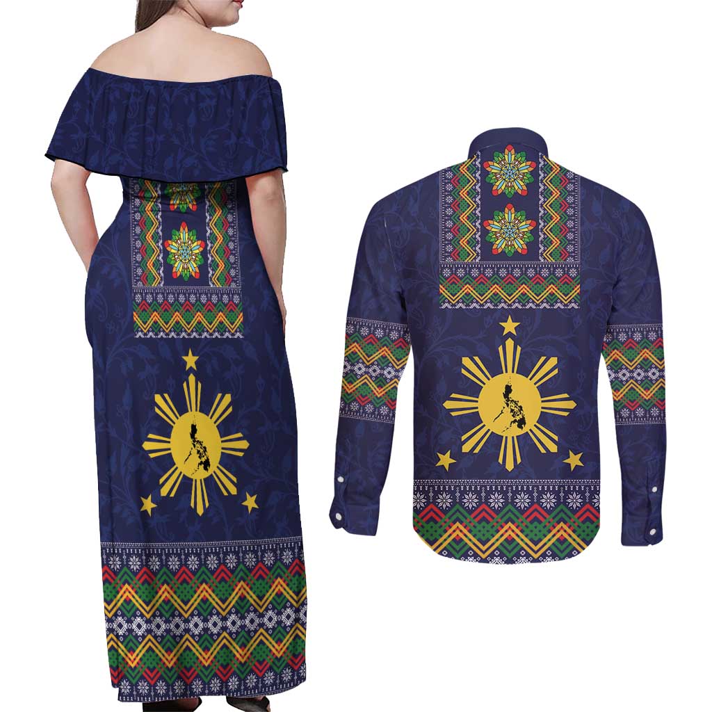 Philippines Merry Christmas Couples Matching Off Shoulder Maxi Dress and Long Sleeve Button Shirt Maligayang Pasko with Parol and Xmas Pattern Barong Style LT03 - Polynesian Pride