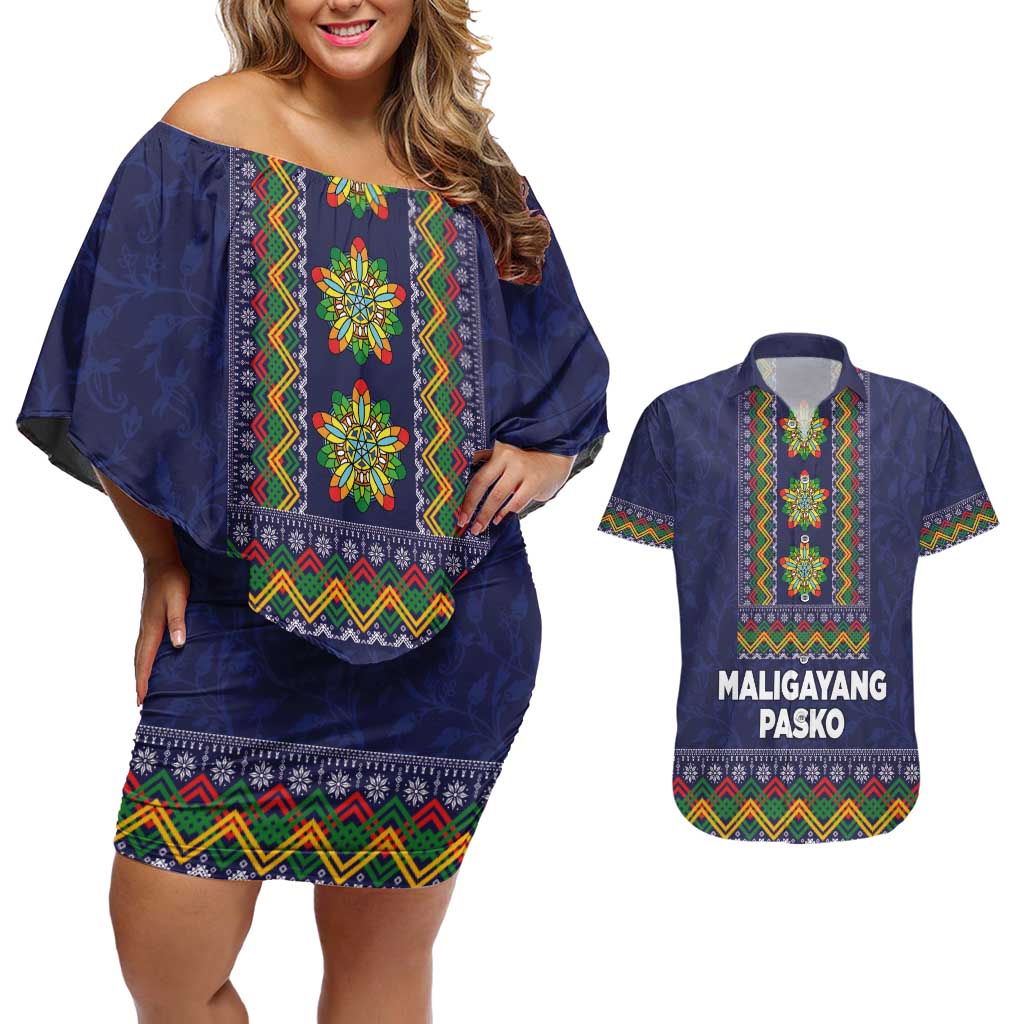 Philippines Merry Christmas Couples Matching Off Shoulder Short Dress and Hawaiian Shirt Maligayang Pasko with Parol and Xmas Pattern Barong Style LT03 Blue - Polynesian Pride