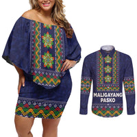 Philippines Merry Christmas Couples Matching Off Shoulder Short Dress and Long Sleeve Button Shirt Maligayang Pasko with Parol and Xmas Pattern Barong Style LT03 Blue - Polynesian Pride