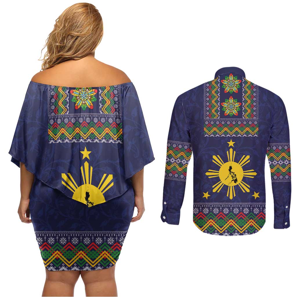 Philippines Merry Christmas Couples Matching Off Shoulder Short Dress and Long Sleeve Button Shirt Maligayang Pasko with Parol and Xmas Pattern Barong Style LT03 - Polynesian Pride