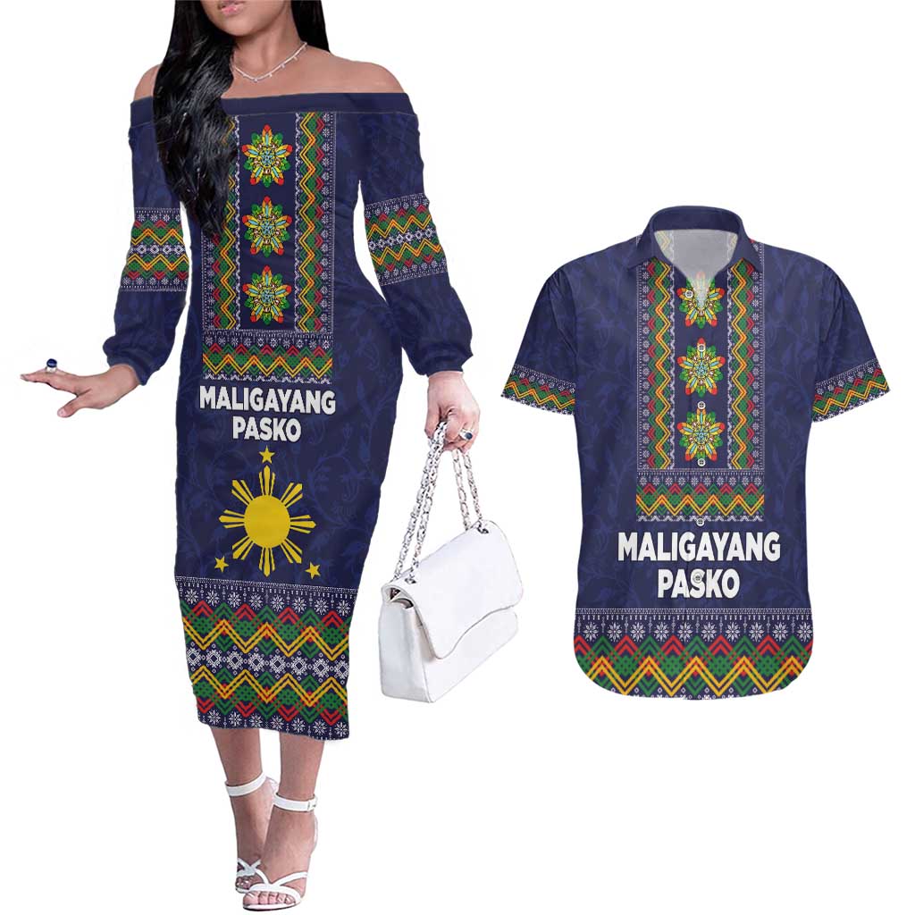 Philippines Merry Christmas Couples Matching Off The Shoulder Long Sleeve Dress and Hawaiian Shirt Maligayang Pasko with Parol and Xmas Pattern Barong Style LT03 Blue - Polynesian Pride