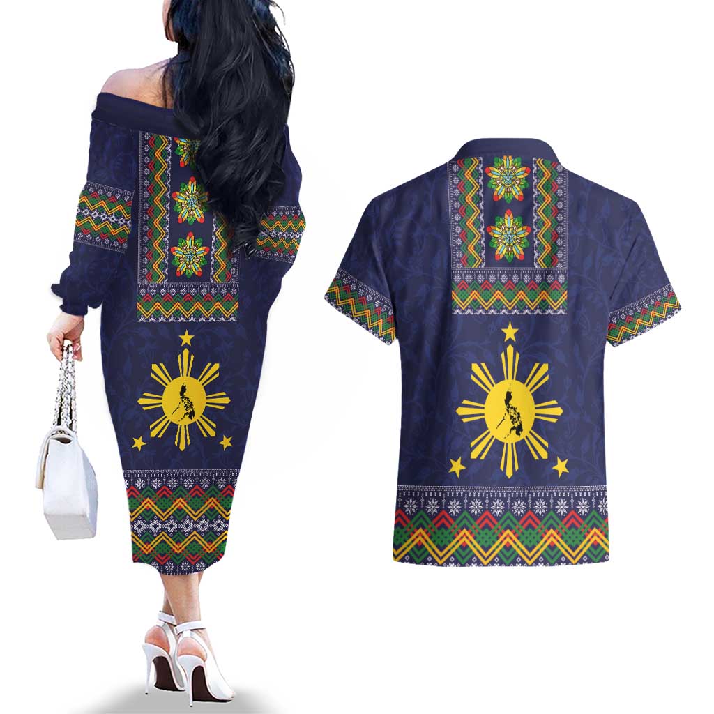Philippines Merry Christmas Couples Matching Off The Shoulder Long Sleeve Dress and Hawaiian Shirt Maligayang Pasko with Parol and Xmas Pattern Barong Style LT03 - Polynesian Pride