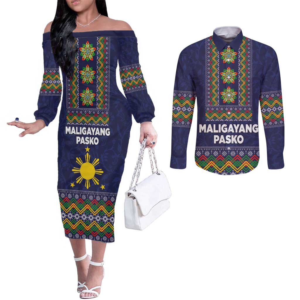 Philippines Merry Christmas Couples Matching Off The Shoulder Long Sleeve Dress and Long Sleeve Button Shirt Maligayang Pasko with Parol and Xmas Pattern Barong Style LT03 Blue - Polynesian Pride
