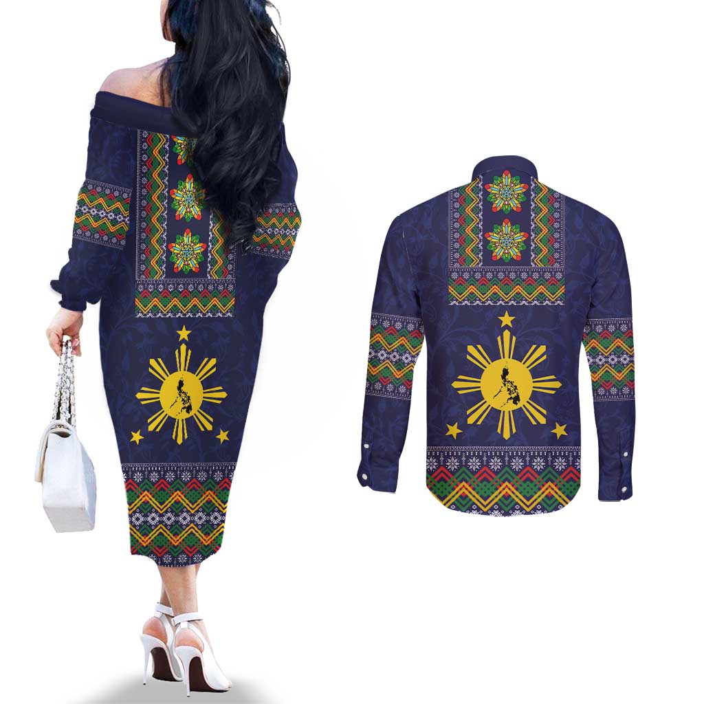 Philippines Merry Christmas Couples Matching Off The Shoulder Long Sleeve Dress and Long Sleeve Button Shirt Maligayang Pasko with Parol and Xmas Pattern Barong Style LT03 - Polynesian Pride