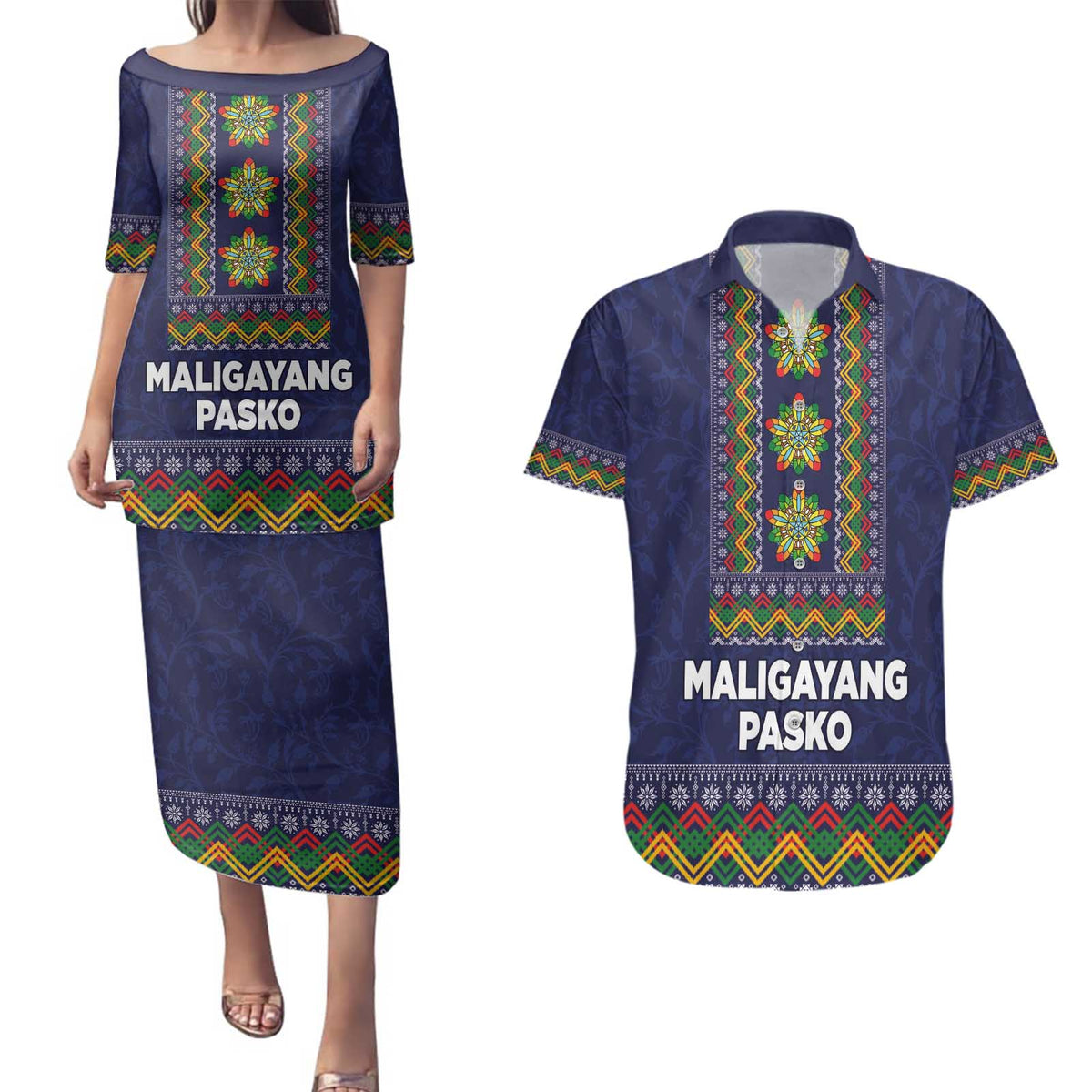 Philippines Merry Christmas Couples Matching Puletasi and Hawaiian Shirt Maligayang Pasko with Parol and Xmas Pattern Barong Style LT03 Blue - Polynesian Pride
