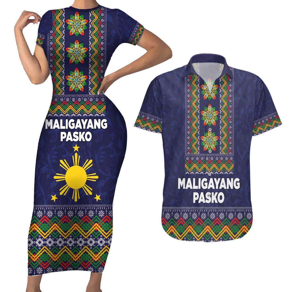 Philippines Merry Christmas Couples Matching Short Sleeve Bodycon Dress and Hawaiian Shirt Maligayang Pasko with Parol and Xmas Pattern Barong Style LT03 Blue - Polynesian Pride